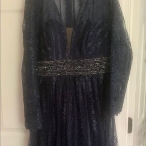 MAC DUGGAL elegant Navy Lace Dress with Beaded Waist